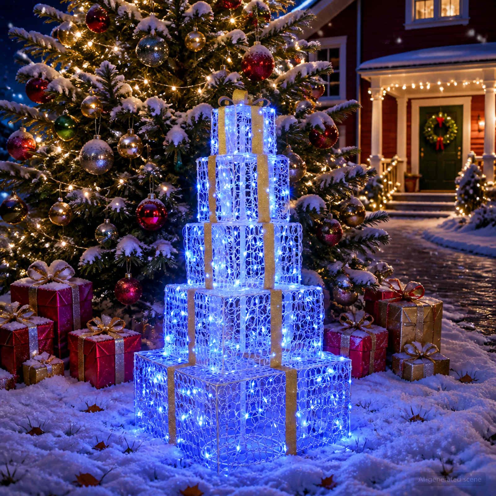 Stabelbare LED-julegaveæsker - blå, 250 LED, 56 x 56 x 120 cm