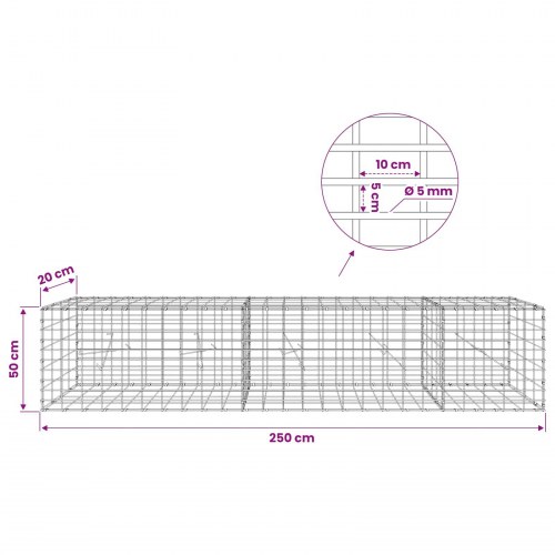 Gabionkurv 250 x 20 x 50 cm - galvaniseret stål