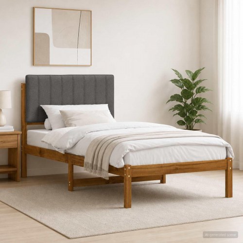 Sengestel med polstret hovedgavl 90 x 190 cm - naturfarvet og lysegrå
