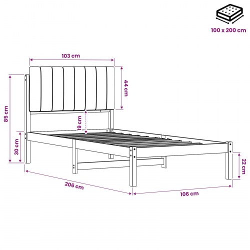 Sengestel med polstret hovedgavl 100 x 200 cm - hvidvasket/lysegrå