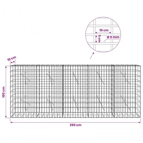 Gabionkurv 250 x 10 x 100 cm - galvaniseret stål
