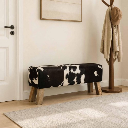 Entrébænk i ægte læder 110 x 30 x 45 cm - sort og hvid