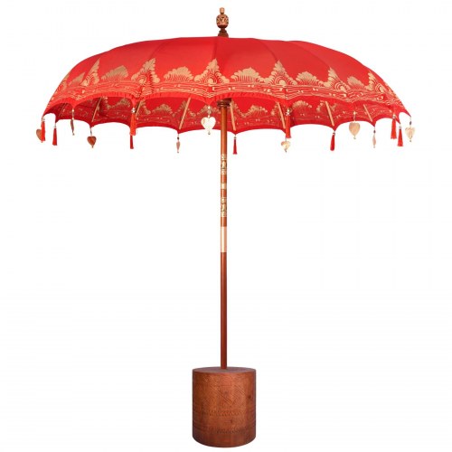 Balinesisk parasol med base - rød og brun 220 x 220 x 295 cm