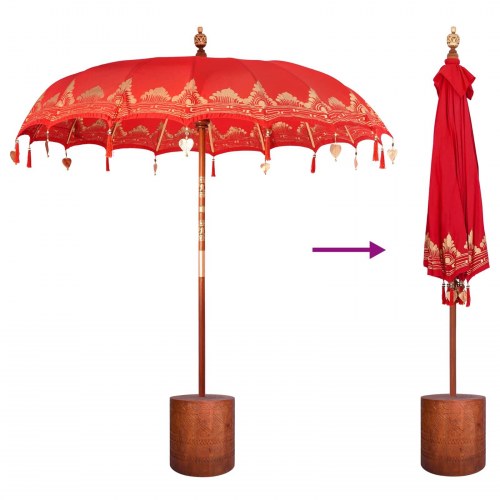 Balinesisk parasol med base - rød og brun 220 x 220 x 295 cm