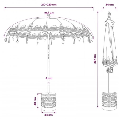 Balinesisk parasol med base - rød og brun 220 x 220 x 295 cm