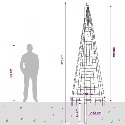 Juletræslys med flagstang og jordspyd 300 cm - 550 LED, varm hvid