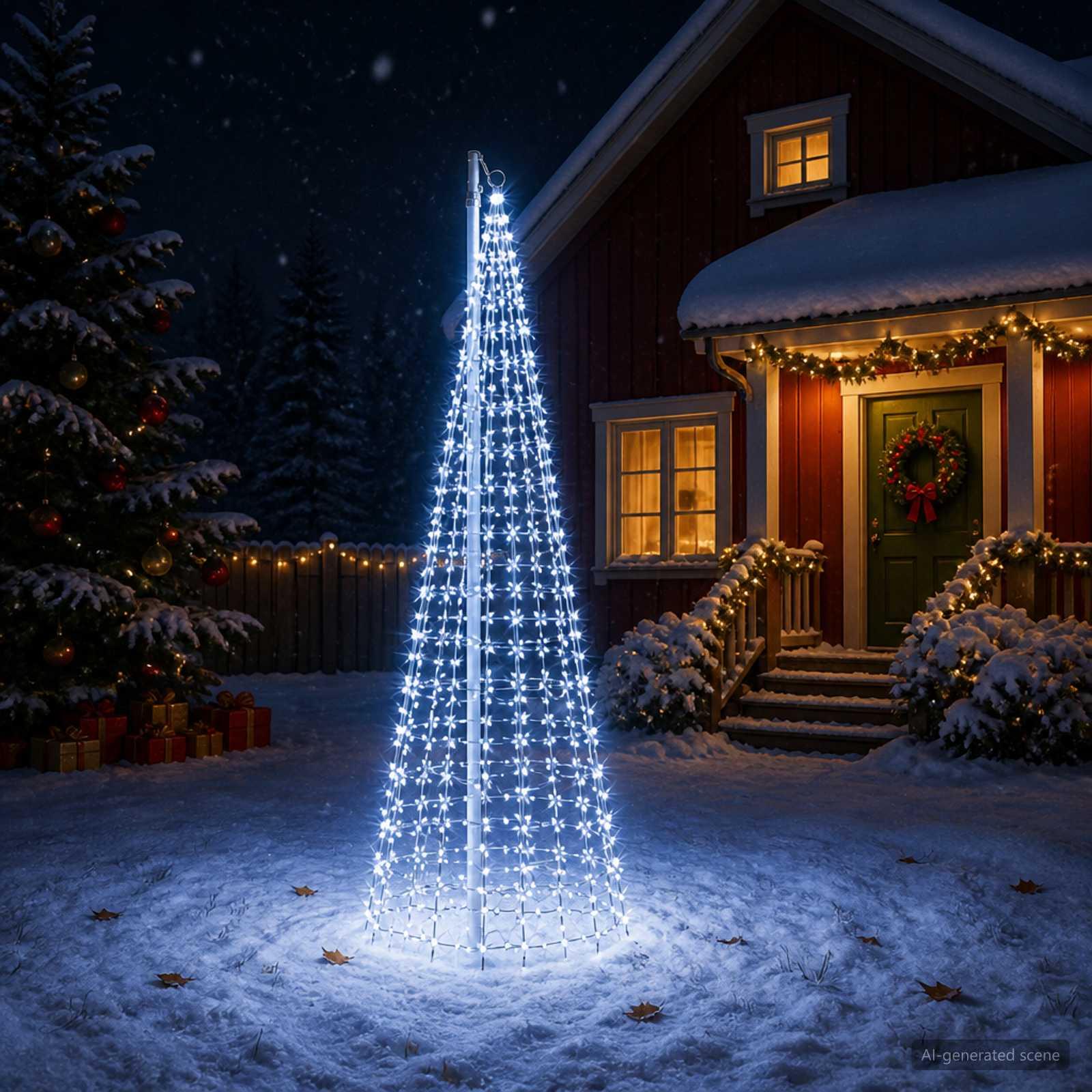 vidaXL Juletræslys med spyd og flagstang 300 cm 550 LED'er Kold hvid