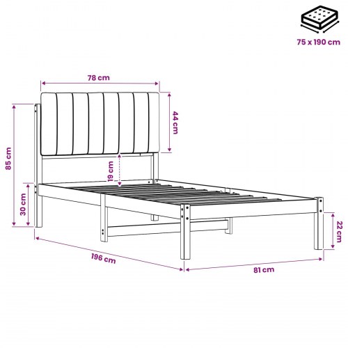 Sengestel med polstret hovedgavl 75 x 190 cm - naturfarvet og mørkegrå