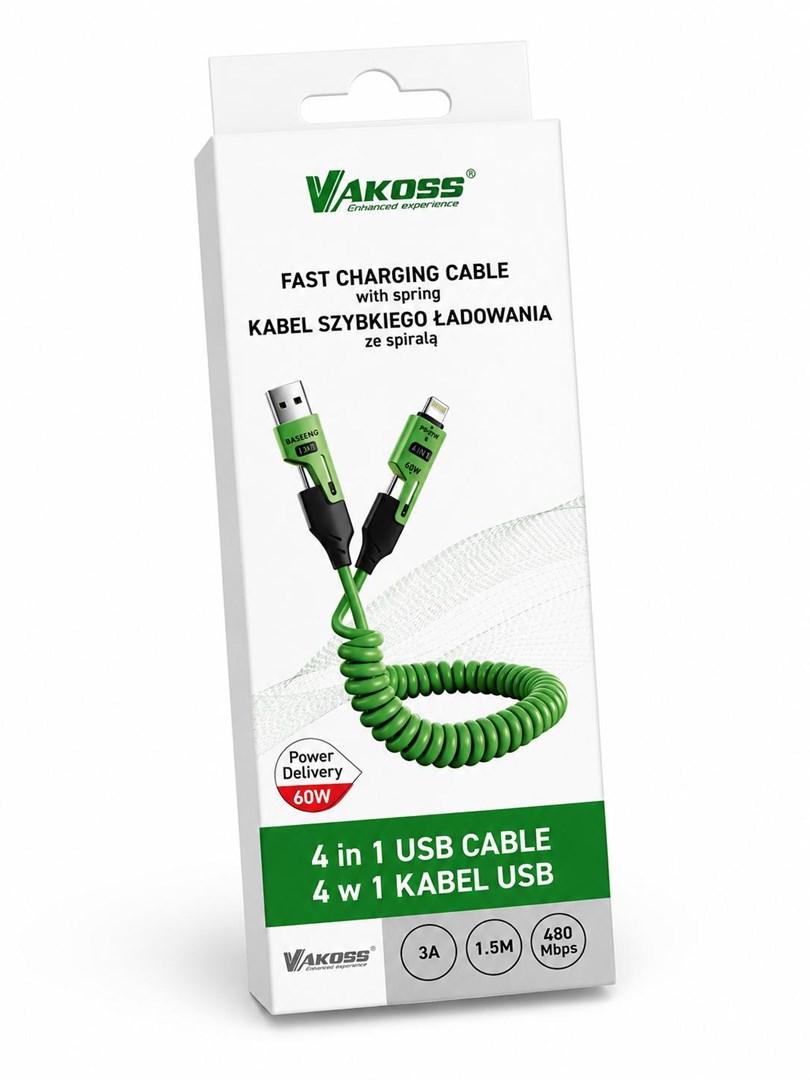 USB-kabel VAKOSS MLU680G 4-i-1 1,5 m 60 W/3 A - grøn