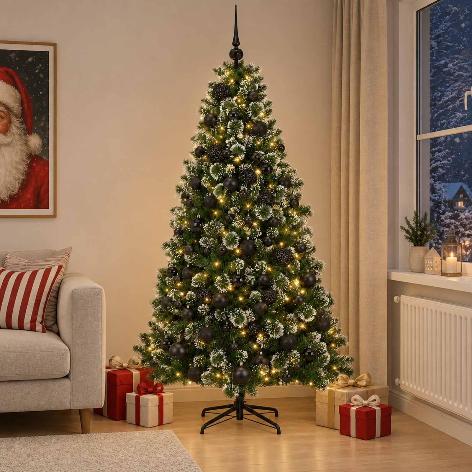 vidaXL Kunstigt juletræ med julekugle 180 cm 300 LED'er Varm hvid