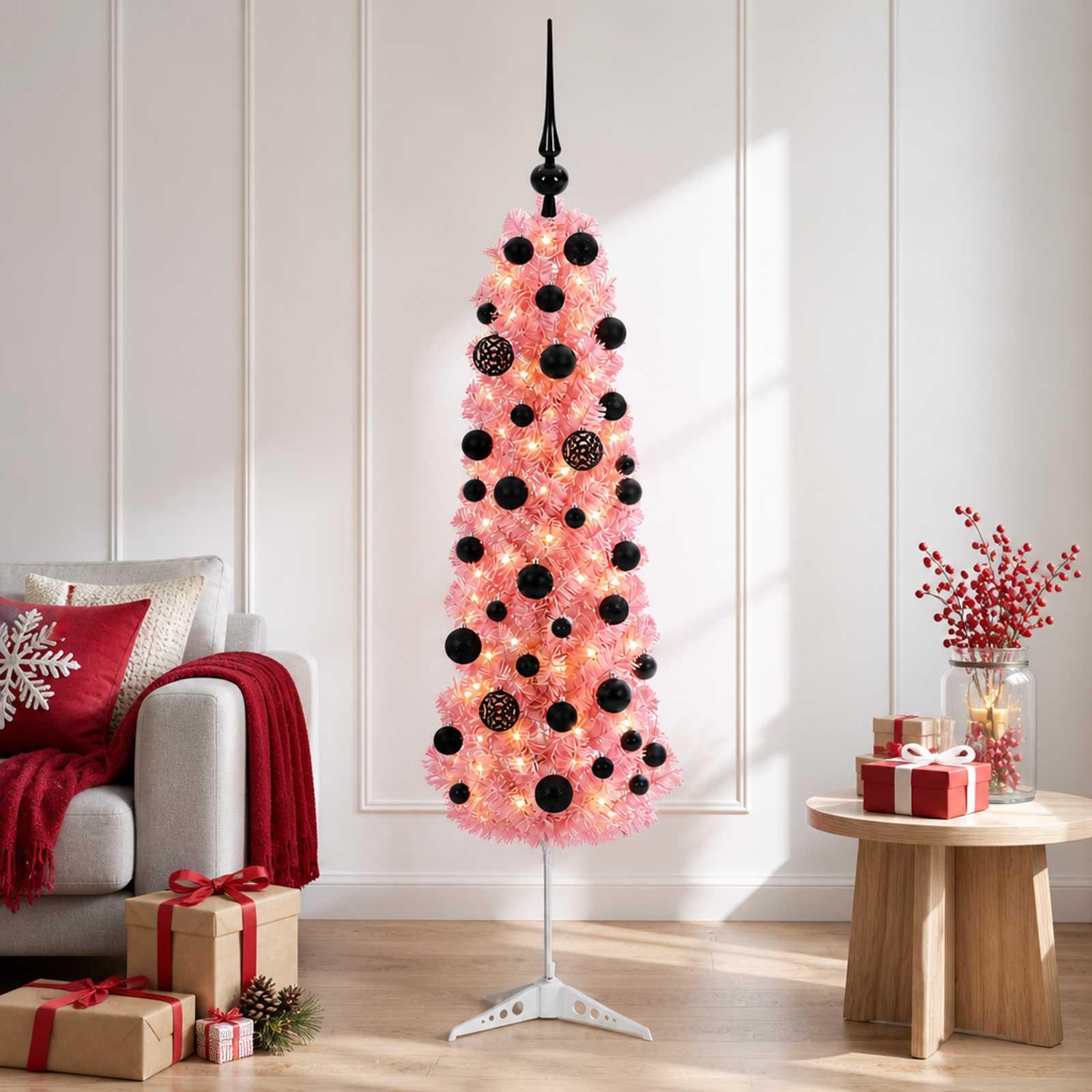 Kunstigt slankt juletræ med julekugle 150 LED'er 120 cm, med LED og sorte kugler