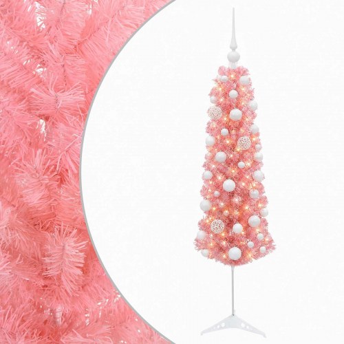 Kunstigt smalt juletræ med LED og julekugler 120 cm - lyserød