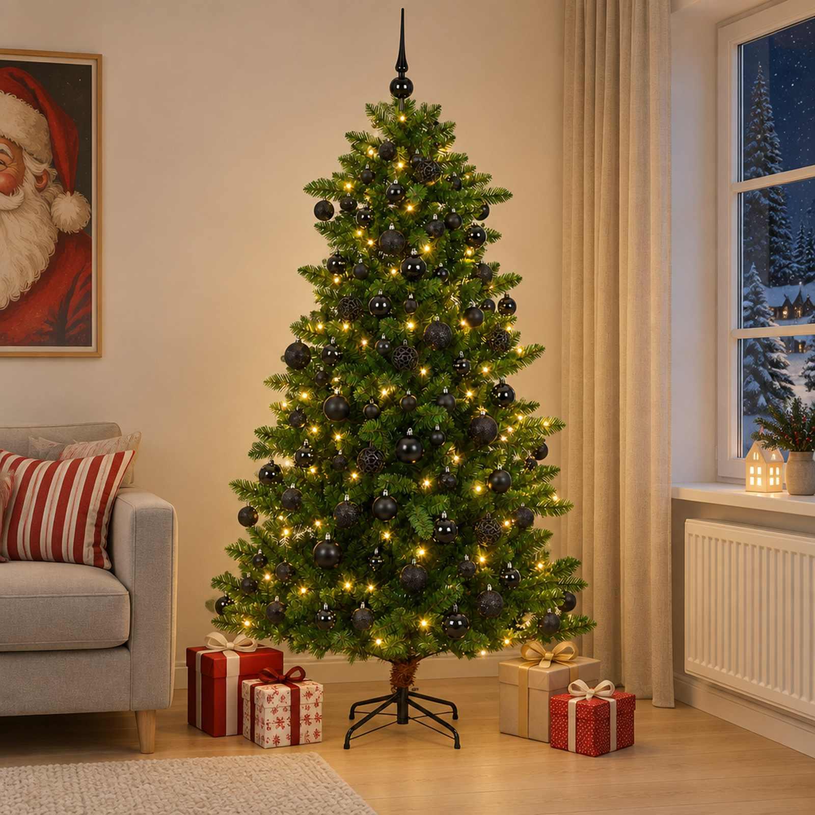 vidaXL Kunstig juletræ med kugler 240 cm 300 LED'er Varm hvid