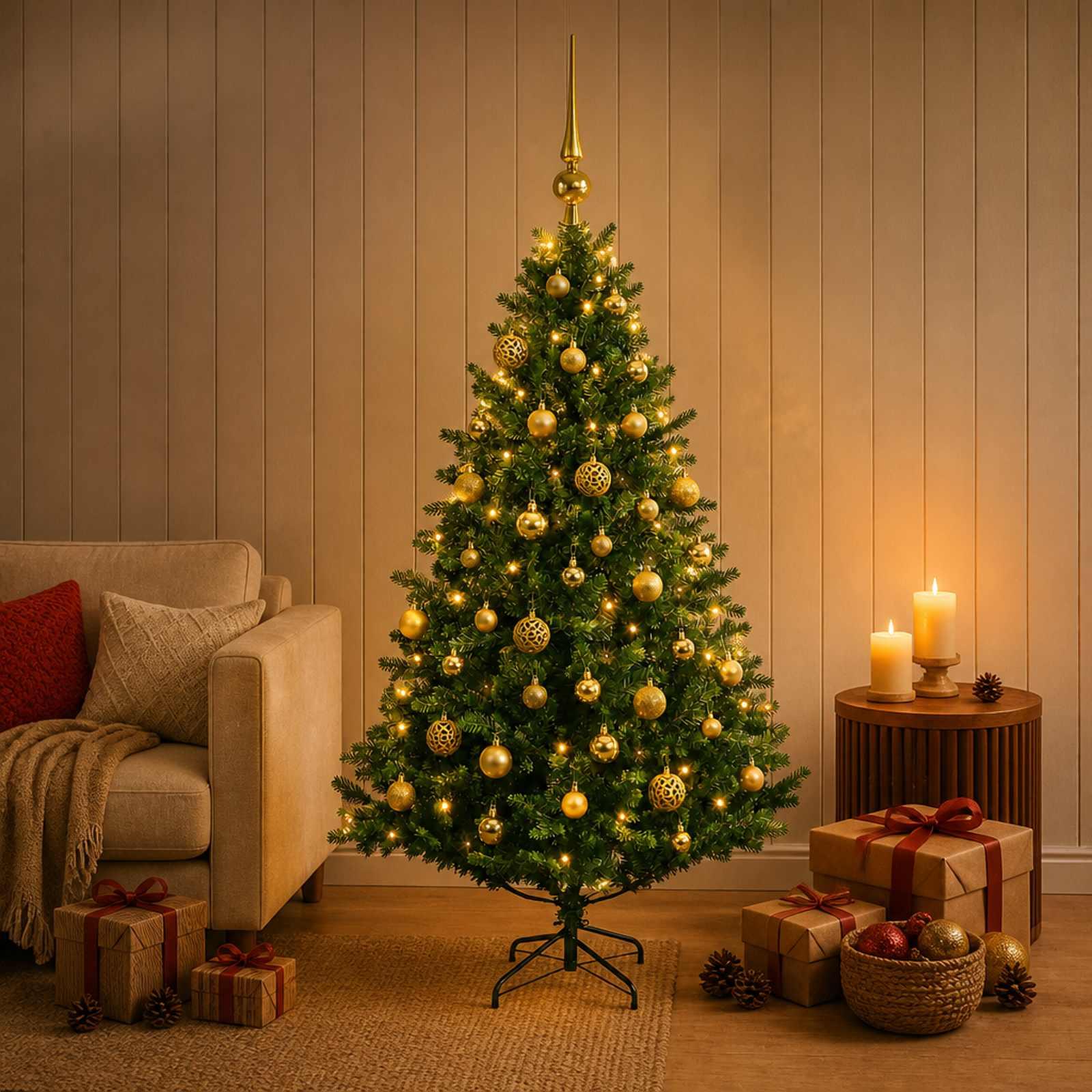 vidaXL Kunstig juletræ med kugler 120 cm 150 LED'er Varm hvid