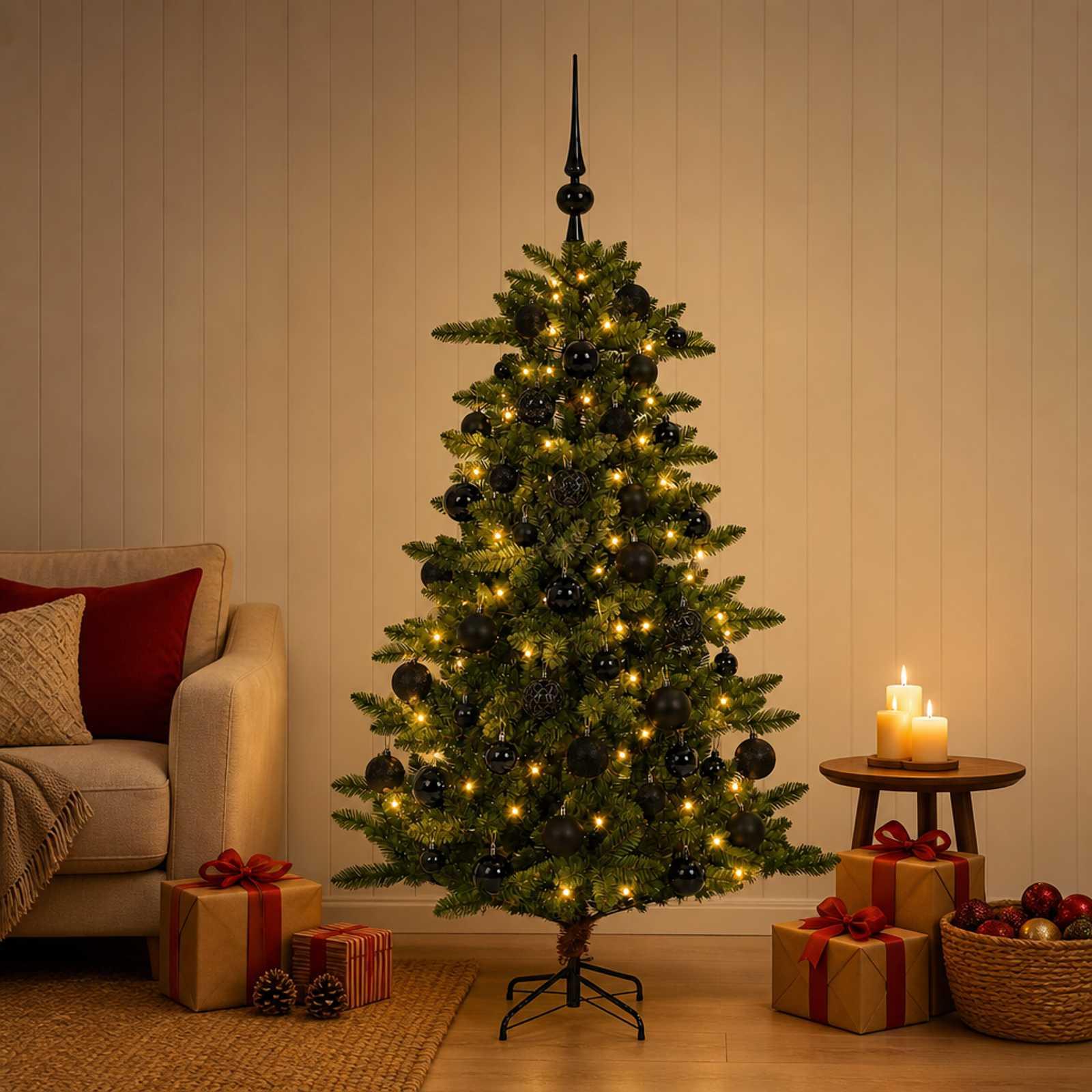 Artificial Christmas Tree with Bauble 150 LED'er 120 cm, med LED og sorte kugler