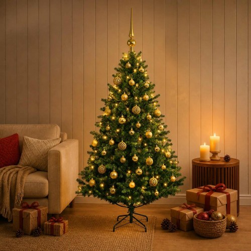 Kunstigt juletræ med LED-lys og julekugler - 150 cm