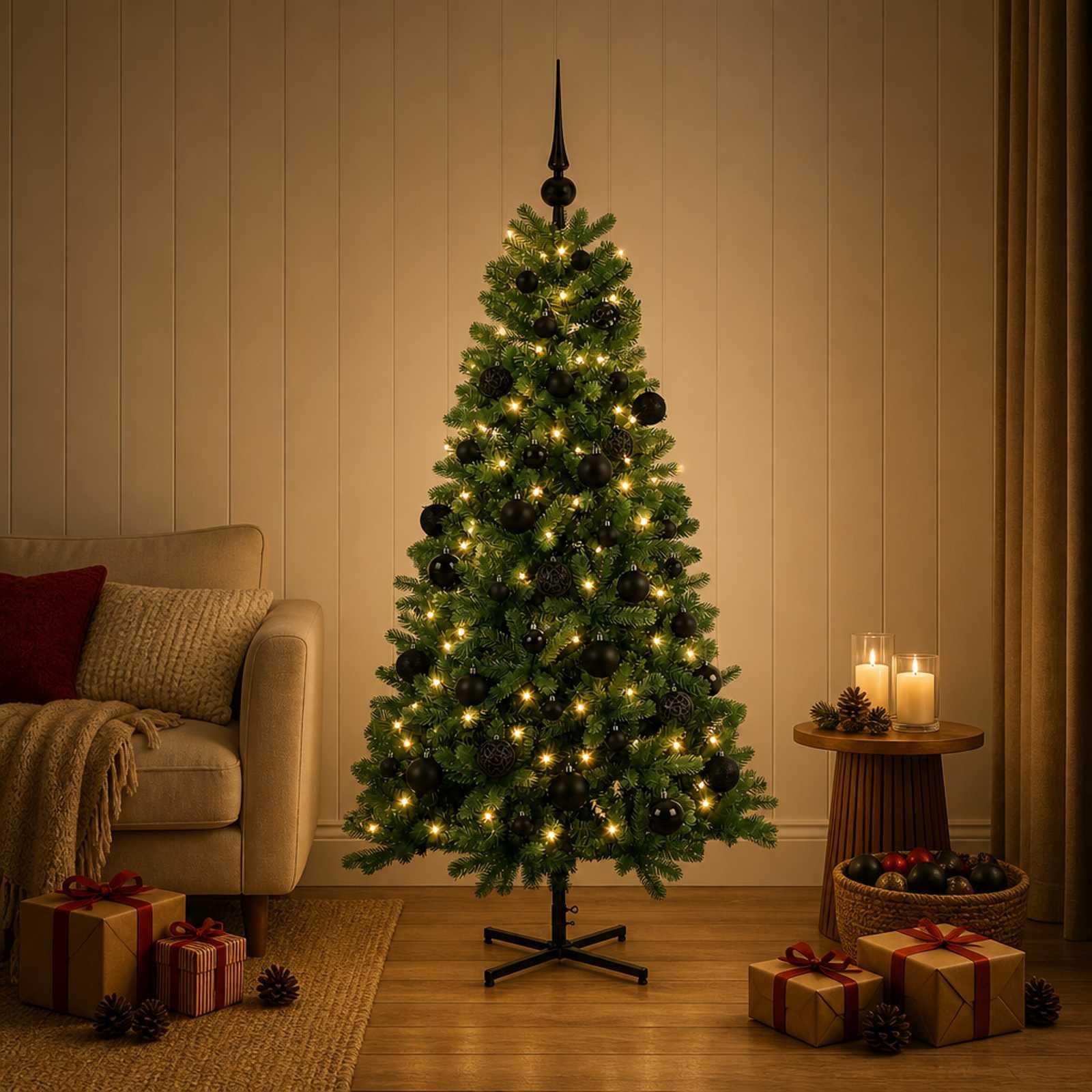 Kunstigt juletræ med julekugle 150 LED'er Varm hvid PVC 120 cm, med LED og sorte kugler