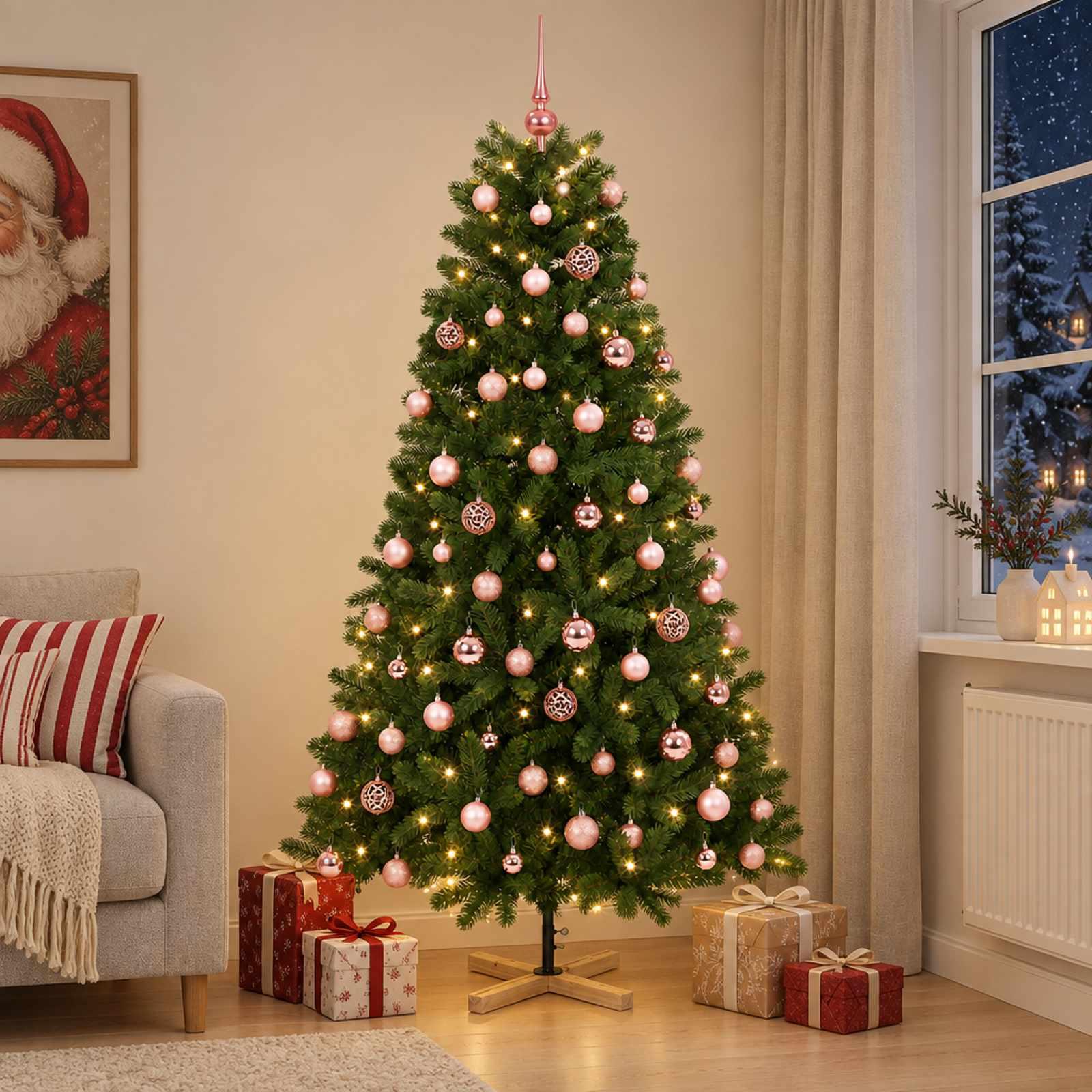vidaXL Kunstigt juletræ med julekugle 240 cm 300 LED'er Varm hvid PVC