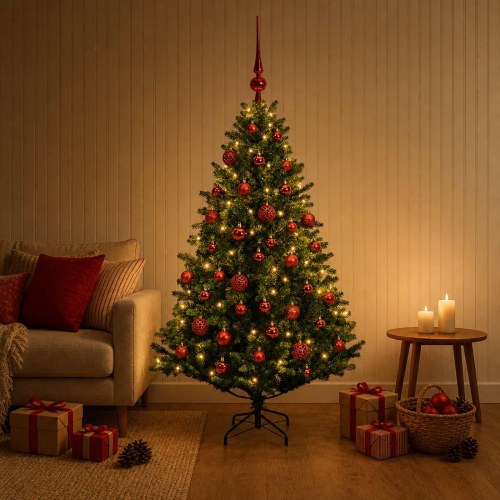 Kunstigt juletræ med kugler og LED-lys 150 cm - varm hvid