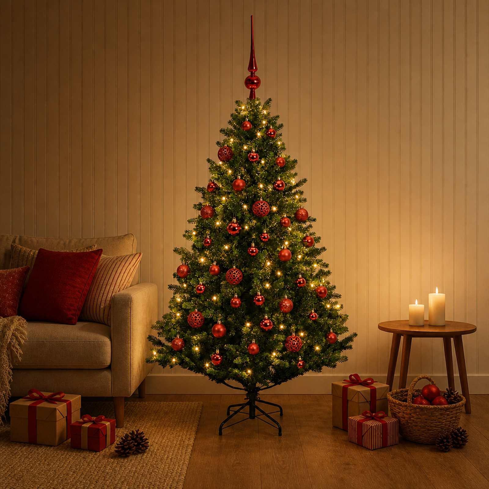 vidaXL Kunstig juletræ med kugler 150 cm 150 LED'er Varm hvid