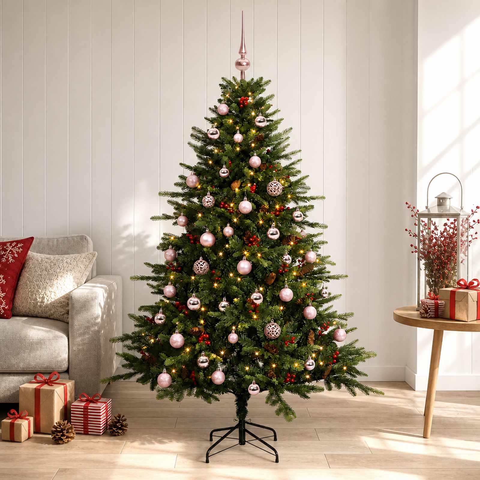 Kunstigt juletræ med kugler og LED-lys - 150 cm