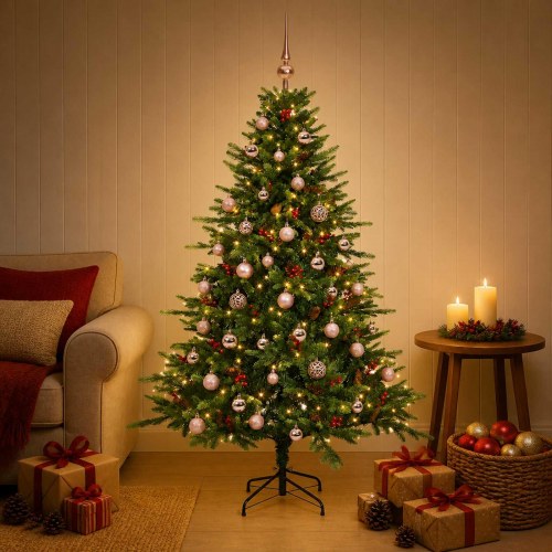 Kunstigt juletræ med kugler og LED-lys - 150 cm