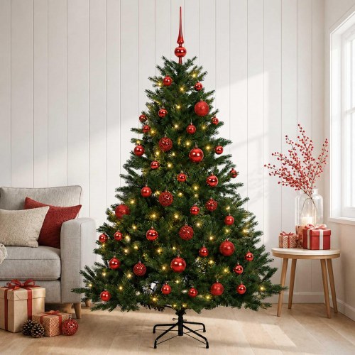 Kunstigt juletræ med røde julekugler og 150 LED - 120 cm