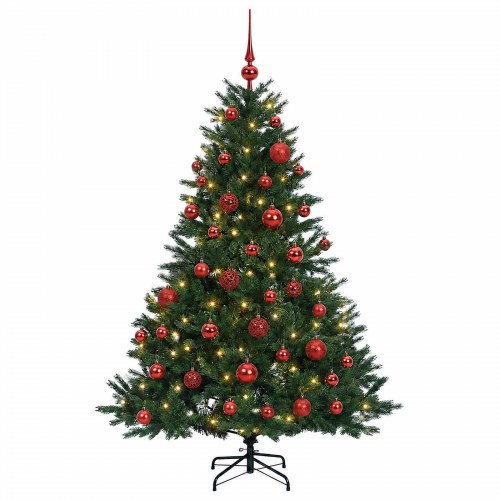 Kunstigt juletræ med røde julekugler og 150 LED - 120 cm