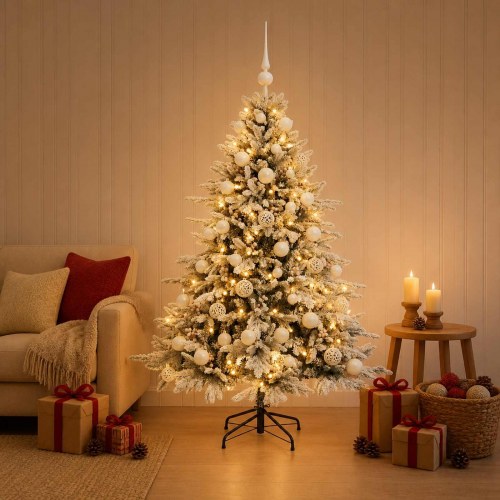 Kunstigt juletræ med kugler og 150 LED-lys 120 cm - grøn/hvid