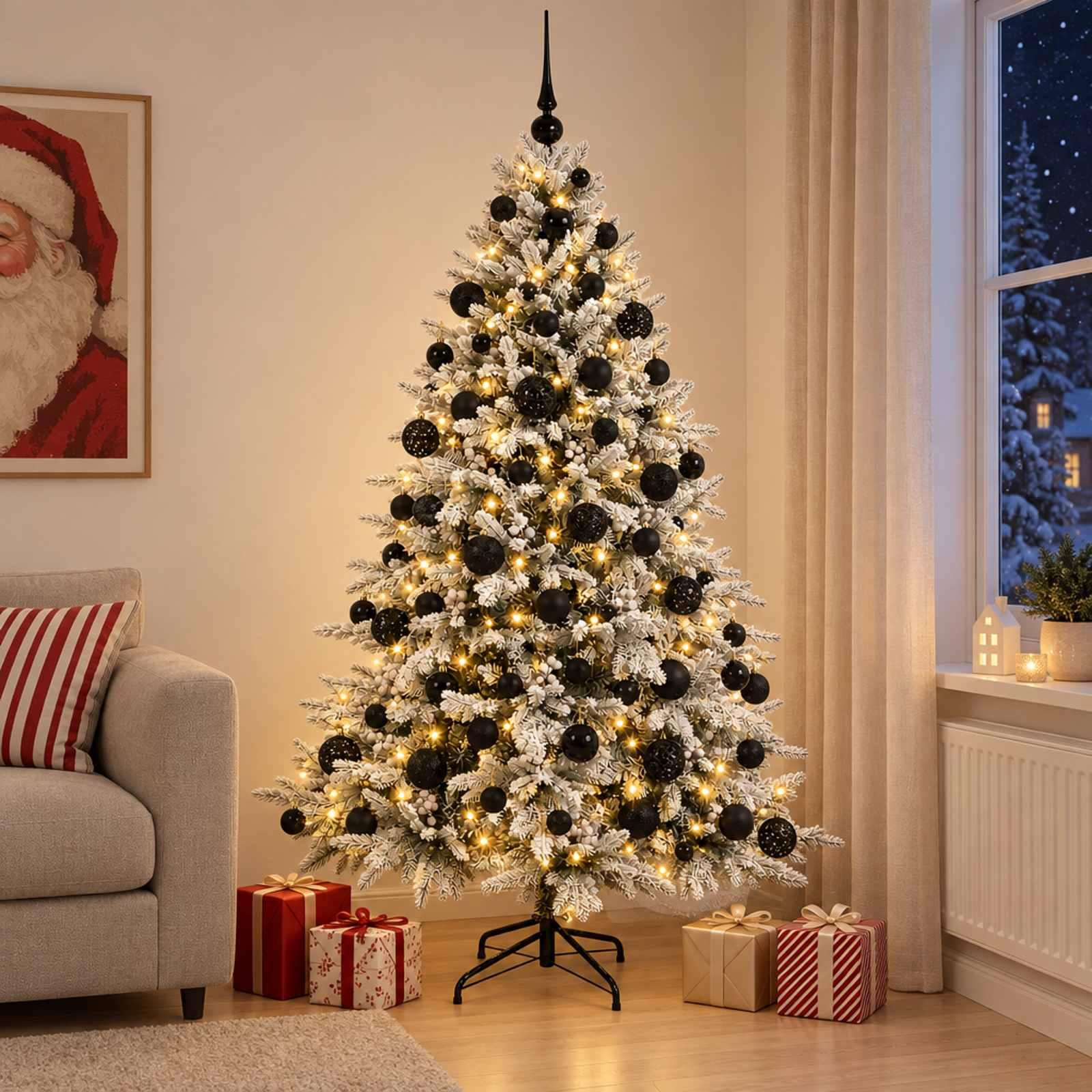 Kunstigt juletræ med julekugler og 300 LED'er - 180 cm, varm hvid