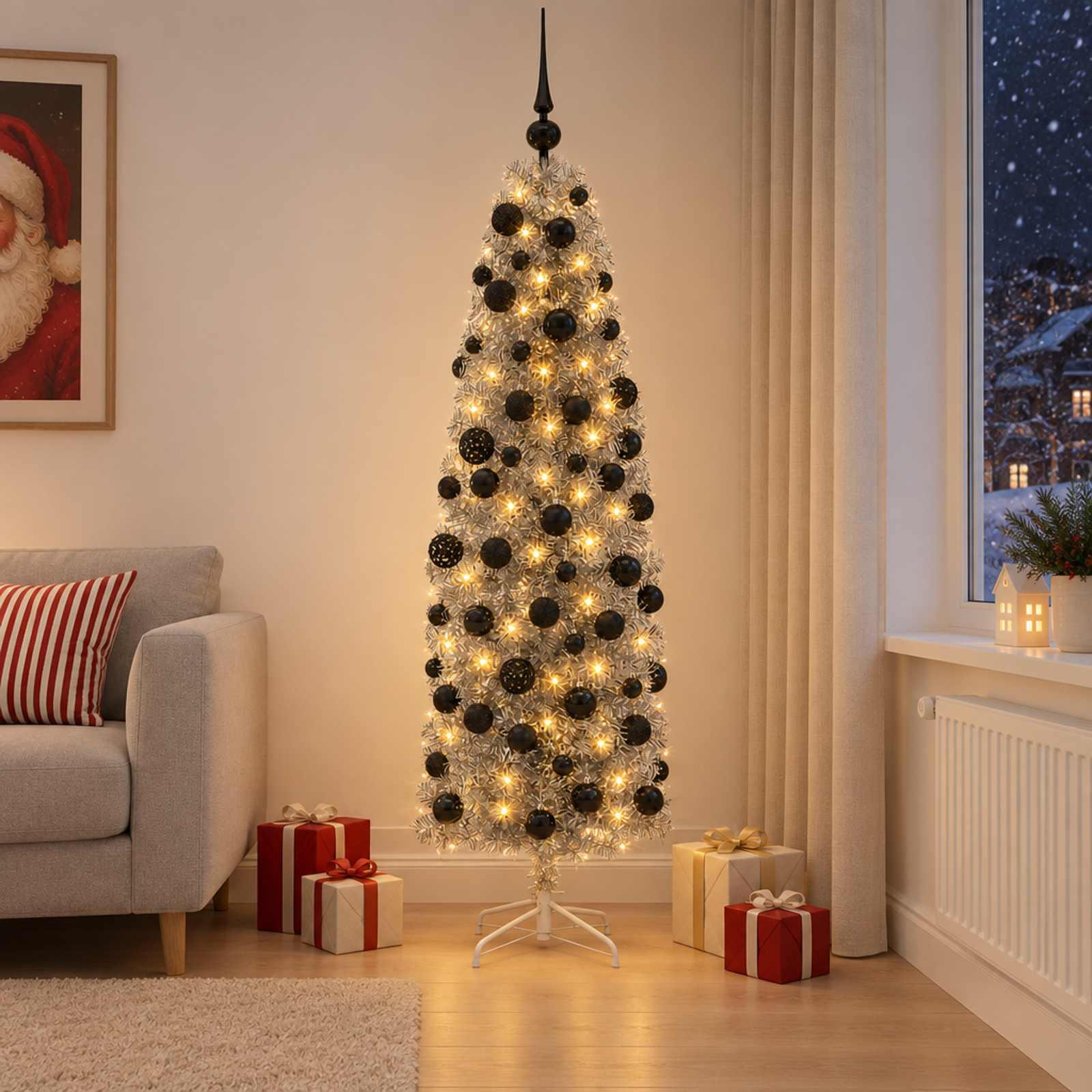vidaXL Kunstigt slankt juletræ med julekugle 180 cm 300 LED'er