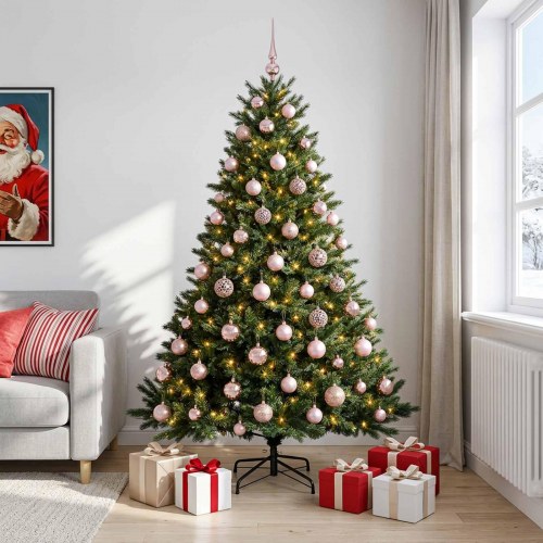 Kunstigt juletræ med julekugler og 300 LED - 240 cm