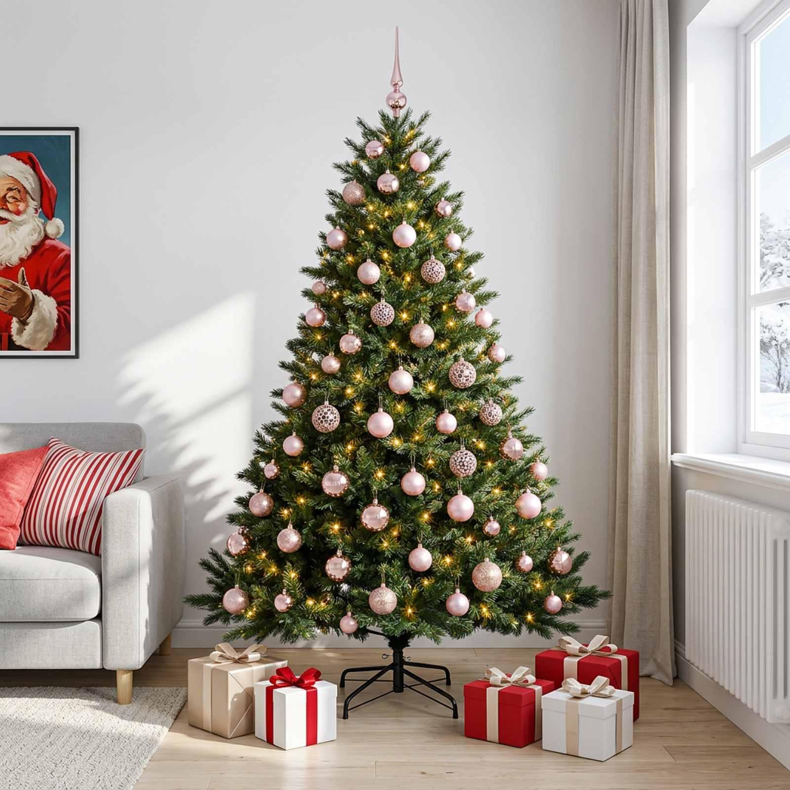 Kunstigt juletræ med julekugler og 300 LED - 240 cm