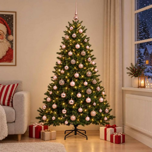 Kunstigt juletræ med julekugler og 300 LED - 240 cm