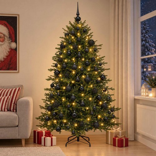 Kunstigt juletræ med julekugler 210 cm - 300 LED varm hvid
