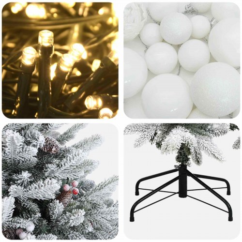 Kunstigt juletræ med kugler og 150 LED'er 150 cm - grøn/hvid