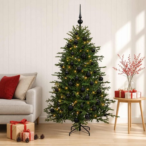 Kunstigt juletræ med LED-lys og julekugler 120 cm - varm hvid
