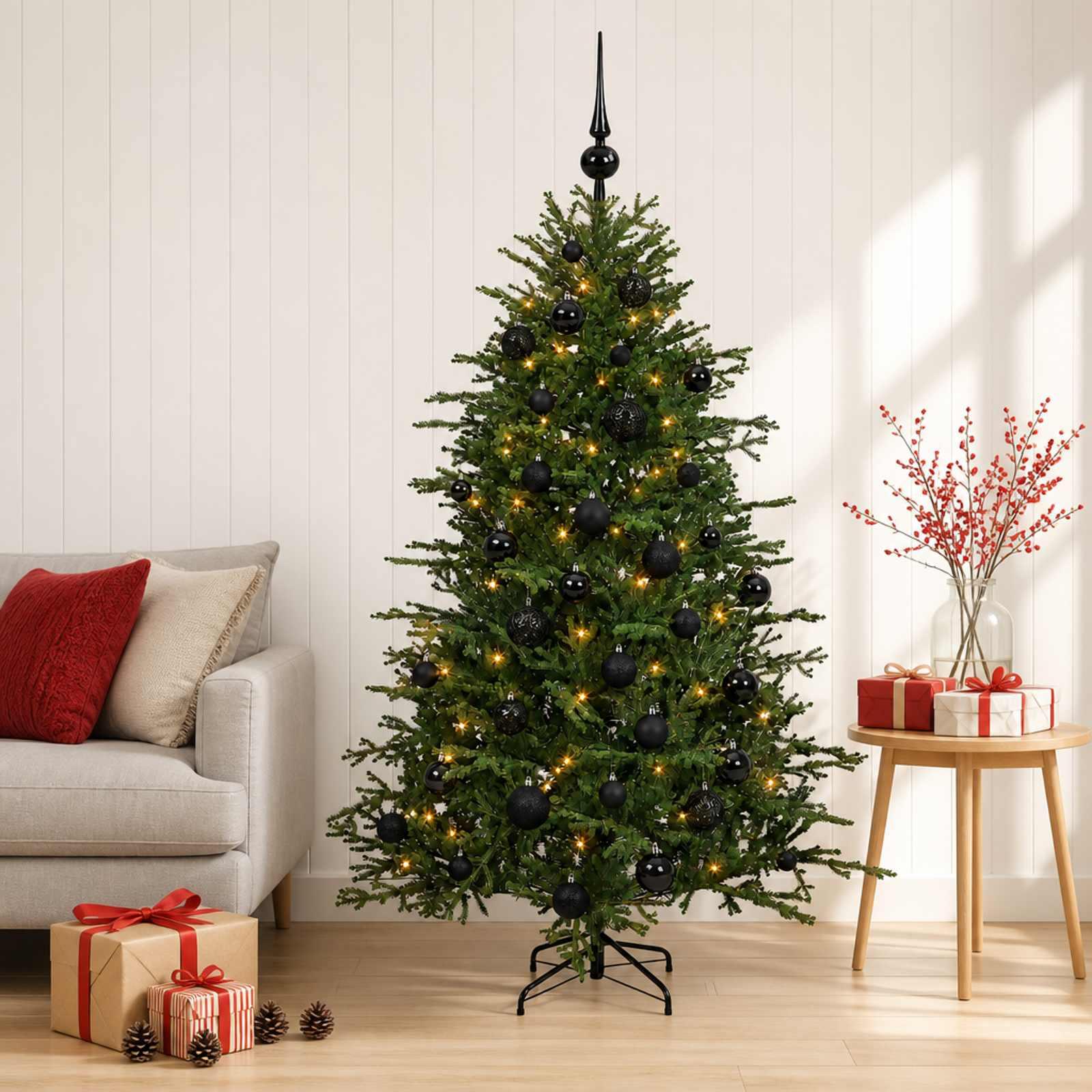 Kunstigt juletræ med LED-lys og julekugler 120 cm - varm hvid