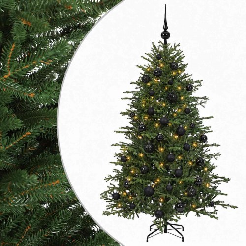Kunstigt juletræ med LED-lys og julekugler 120 cm - varm hvid