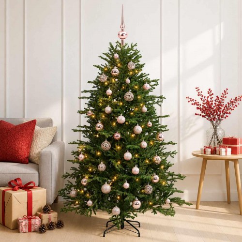 Kunstigt juletræ med julekugler og 150 LED - 150 cm, varm hvid