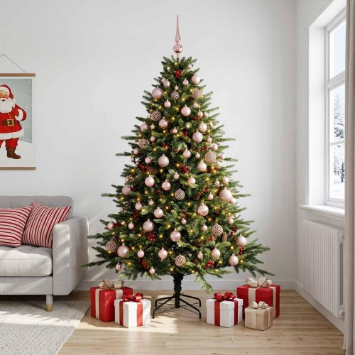 Kunstigt juletræ med kugler og LED-lys 210 cm