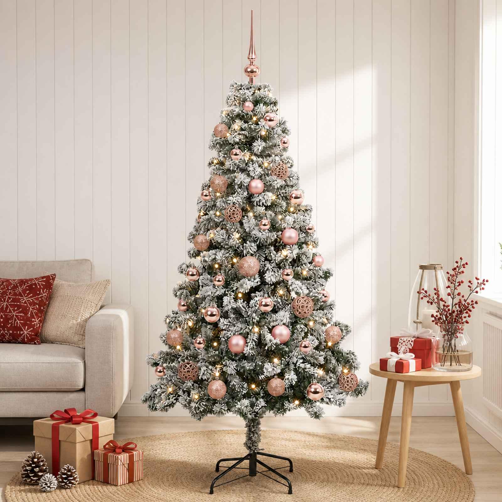 Kunstig juletræ med kugler 120 cm 150 LED'er Varm hvid 120 cm, med LED og pink kugler