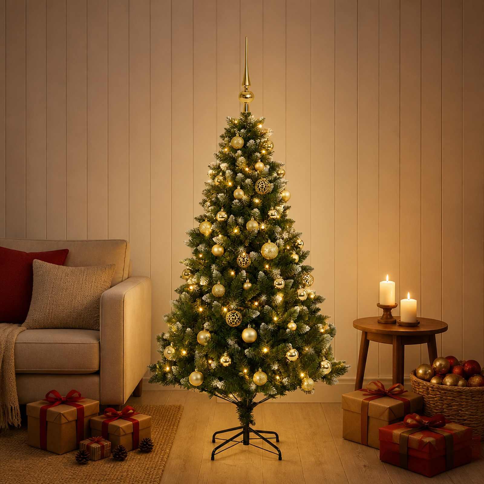 vidaXL Kunstig juletræ med kugler 150 cm 150 LED'er Varm hvid