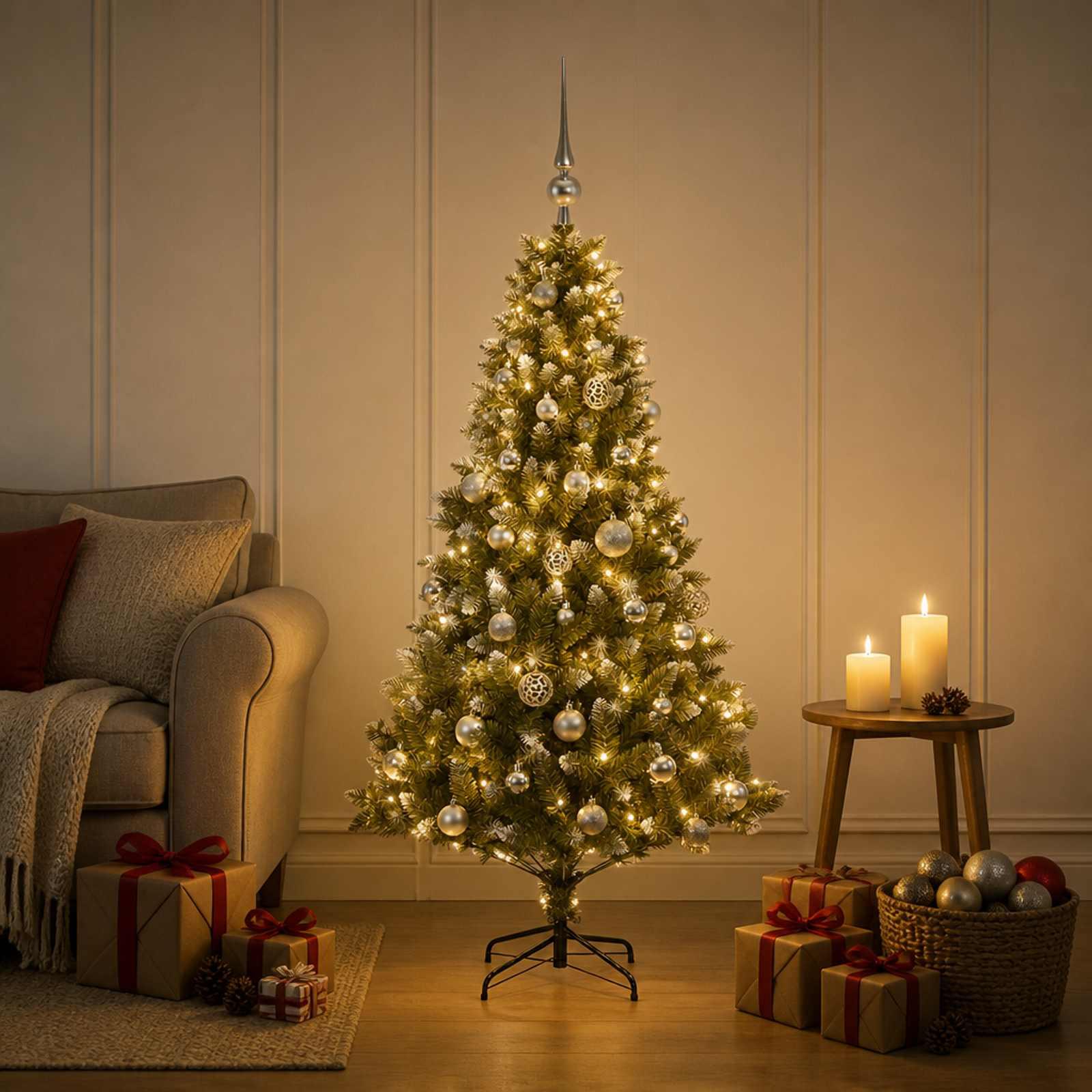vidaXL Kunstig juletræ med kugler 150 cm 150 LED'er Varm hvid