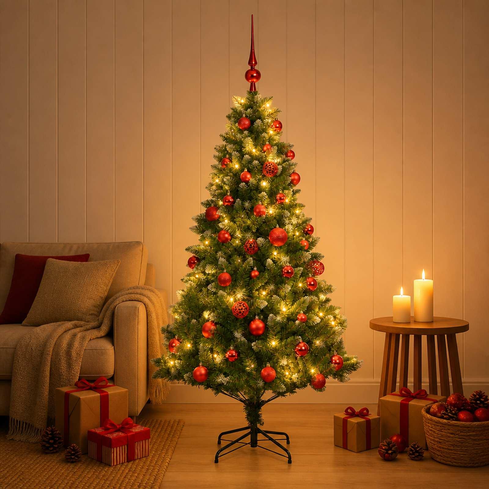 vidaXL Kunstig juletræ med kugler 120 cm 150 LED'er Varm hvid