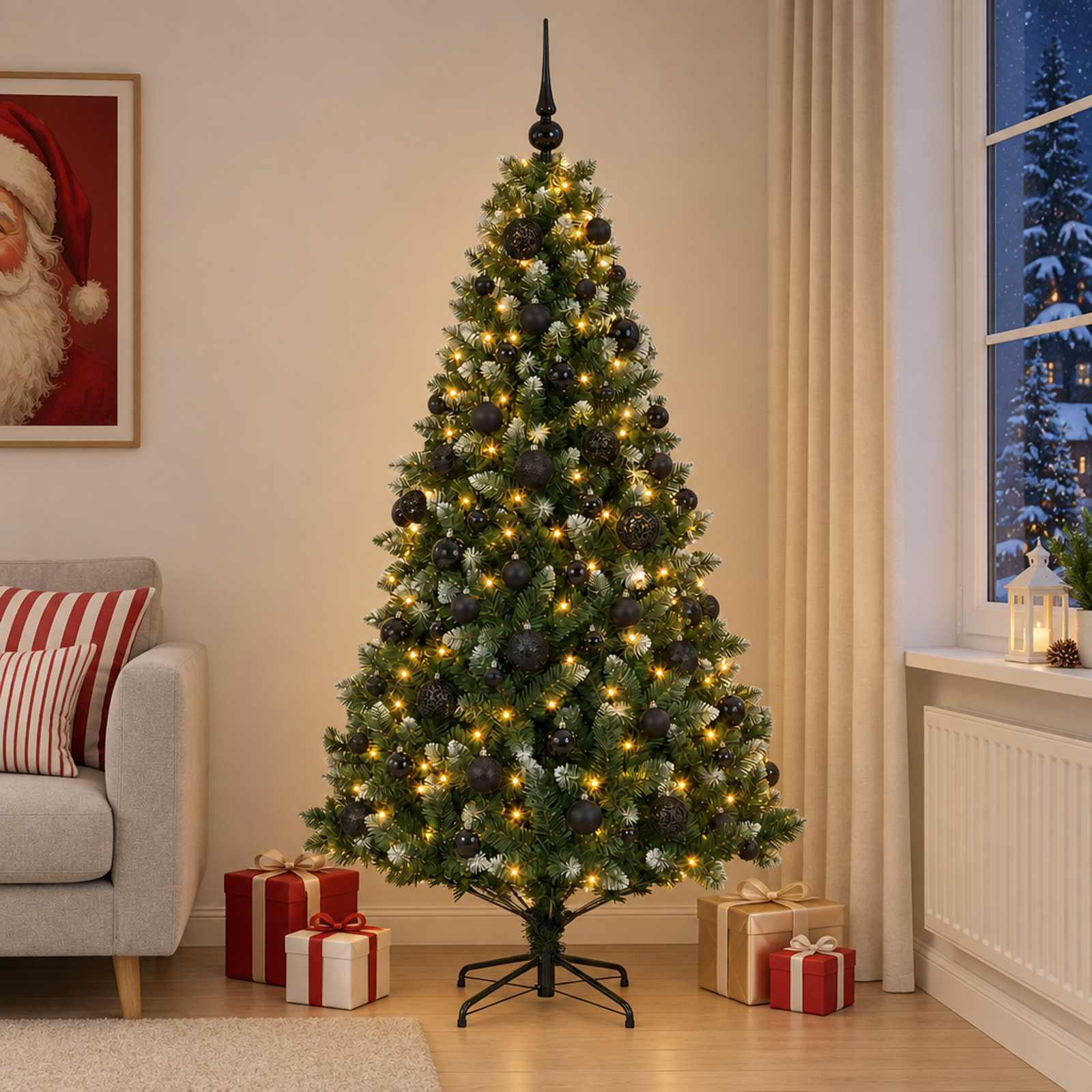 vidaXL Kunstig juletræ med kugler 180 cm 300 LED'er Varm hvid