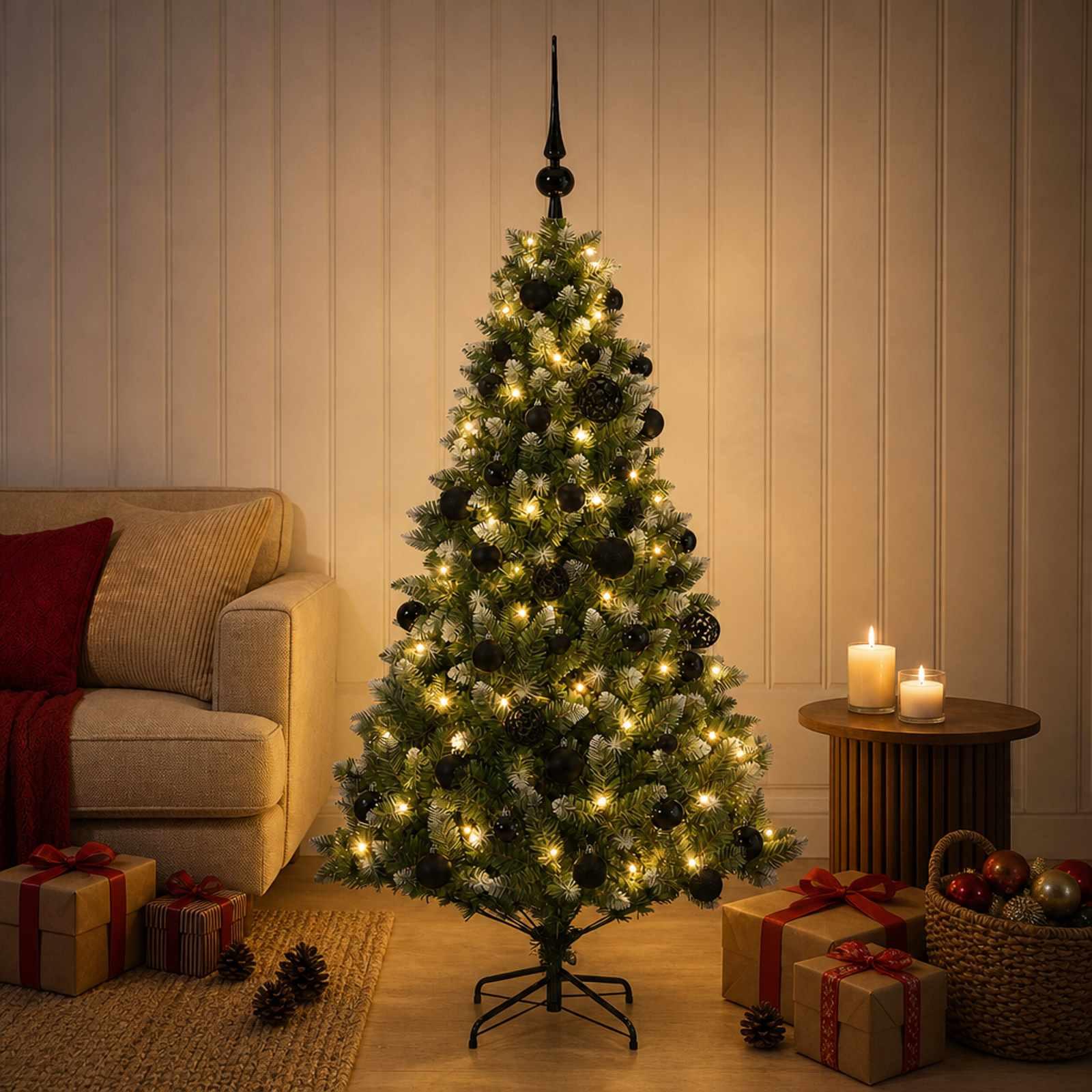 Kunstig juletræ med kugler 150 LED'er Varm hvid 120 cm, med LED og sorte kugler
