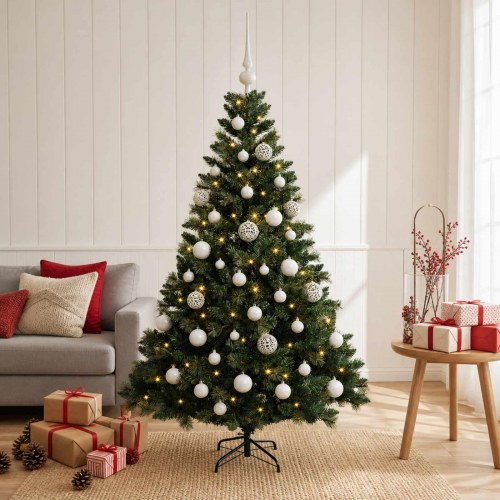 Kunstigt juletræ med kugler og LED-lys - 150 cm