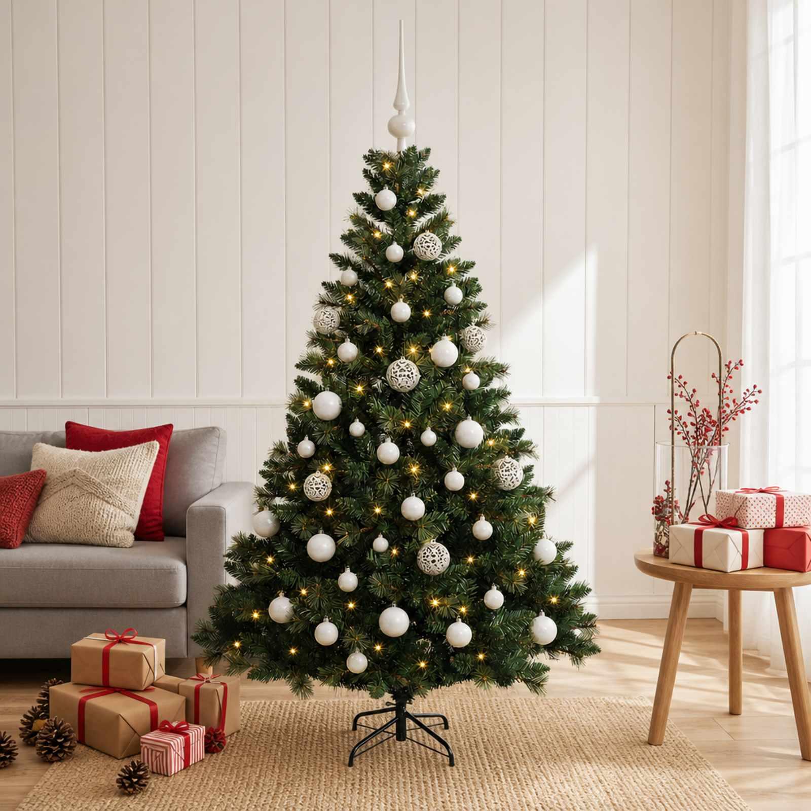 Kunstigt juletræ med kugler og LED-lys - 150 cm