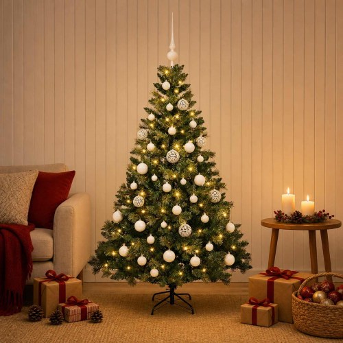 Kunstigt juletræ med kugler og LED-lys - 150 cm